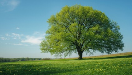 Obraz premium Majestic tree in full leaf surrounded by vibrant spring meadow greenery under blue sky