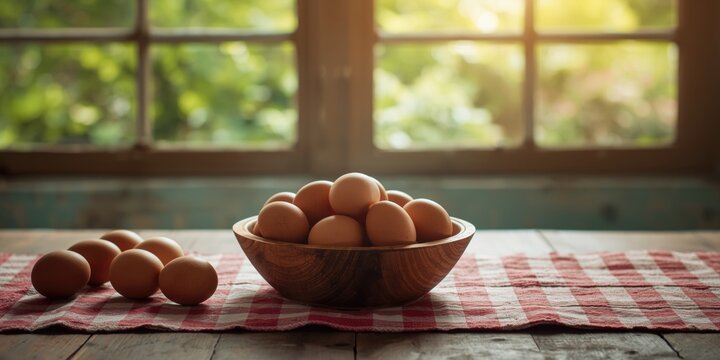 farmhouse style table setup featuring a bowl of fresh eggs on a red checkered cloth