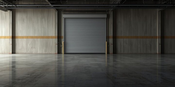 Warehouse space featuring roller doors and glossy concrete flooring for industrial backdrop