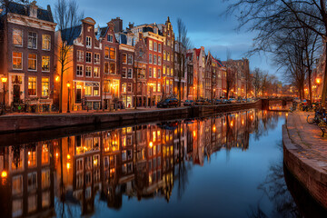 Fototapeta premium Illuminated historical buildings line a tranquil canal, reflecting lights in the water at twilight. Trees frame the scene