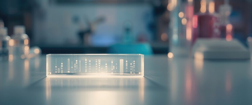 Scientific gel electrophoresis run showing DNA bands in agarose matrix with copyspace for text