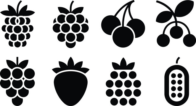 Collection of Berry and Cherry Fruit Silhouette Icons Set with Raspberry, Strawberry and Vector Symbols