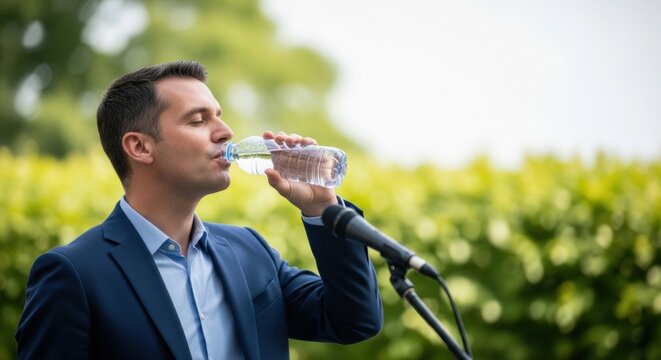 The presenter is drinking water.