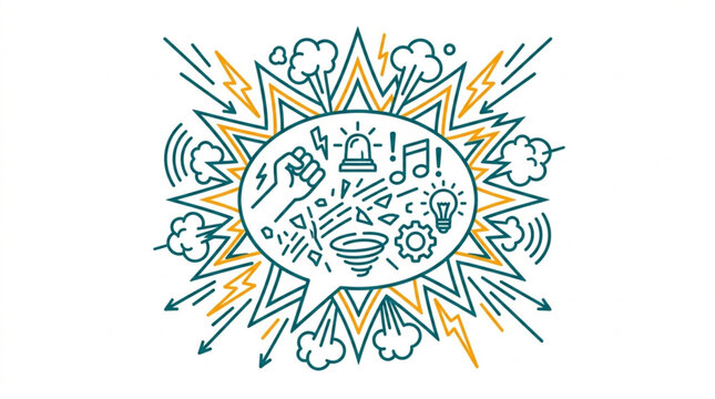 Creative explosion of ideas and symbols in a speech bubble.