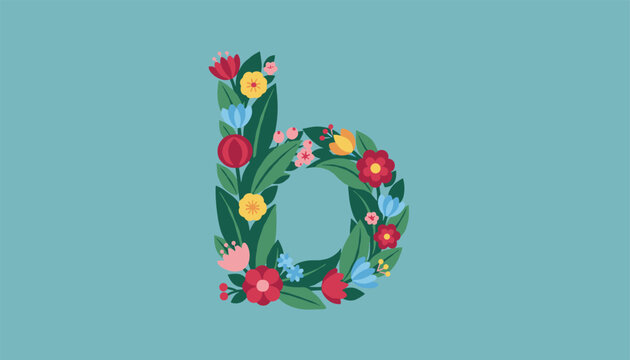 Artistic lowercase letter b is beautifully crafted using various colorful flowers and green leaves on a soft teal background.