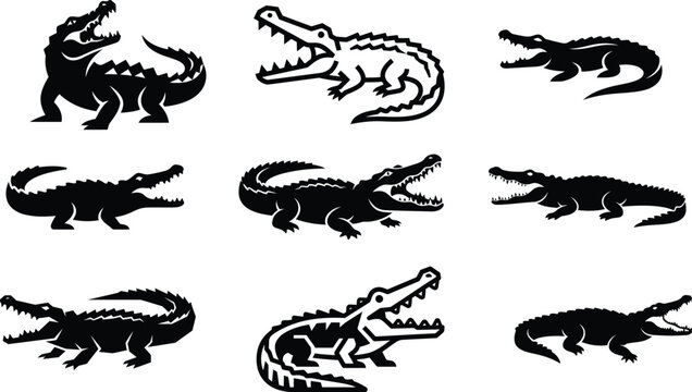 black silhouettes of various crocodiles and alligators on white background