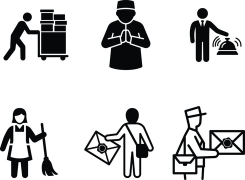 Black silhouettes of various people at work and in different professions and activities