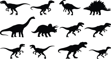 Dinosaur silhouettes set vector illustration of various prehistoric animal shapes isolated on white background for design projects © MdJherulIslam