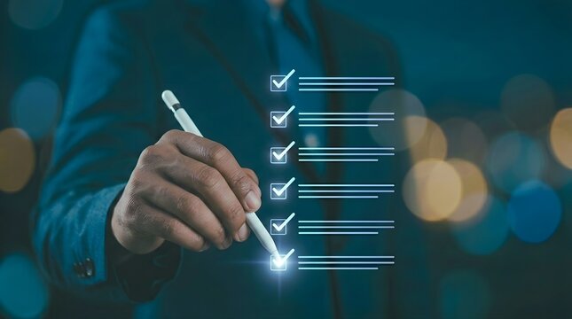 A man in a suit uses a stylus to mark items on a digital checklist. Represents productivity and goal achievement.