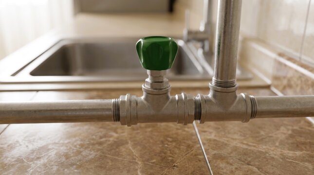 Shiny metal plumbing pipes featuring a vibrant green plastic valve handle for regulating water flow in a residential home setup