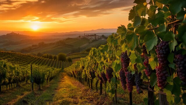 Sunset over a Piedmont vineyard with ripe nebbiolo grapes under golden hour light.