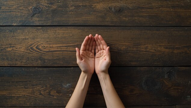 Top shot of empty hands cupped carefully above rustic wooden table showing gentle asking motion