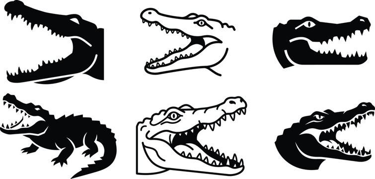 Six different crocodile head silhouettes and illustrations in various styles and poses