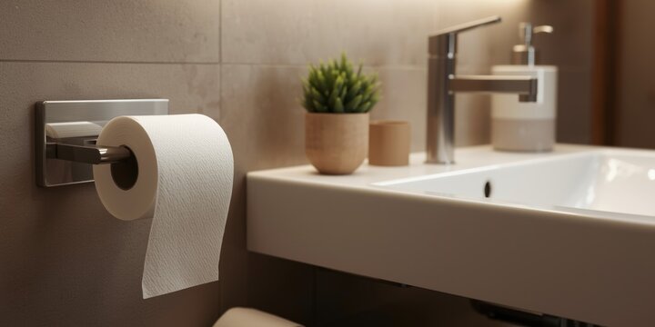 Refined bathroom interior scene featuring a toilet paper roll and contemporary sink with key accessory elements