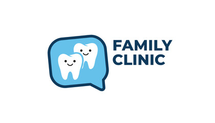 Naklejka premium Professional dental clinic logo features two smiling white teeth inside a blue speech bubble for family dental care.