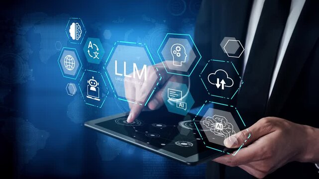 Modern Business Professional Using Tablet to Access Advanced Technology and AI Concepts, Illustrating Digital Transformation in Corporate Environment Gluon.