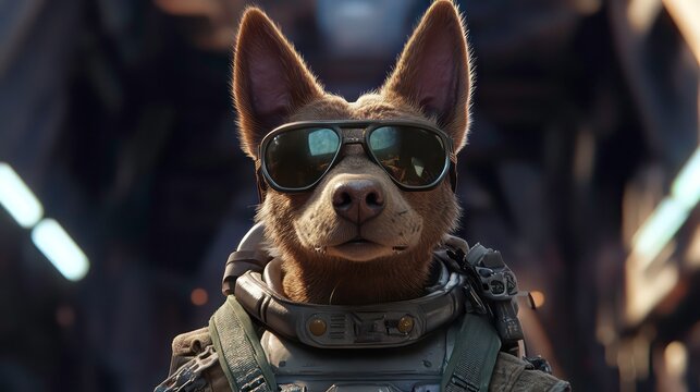 Cool anthropomorphic dog character wearing sunglasses and military-style gear in a futuristic setting