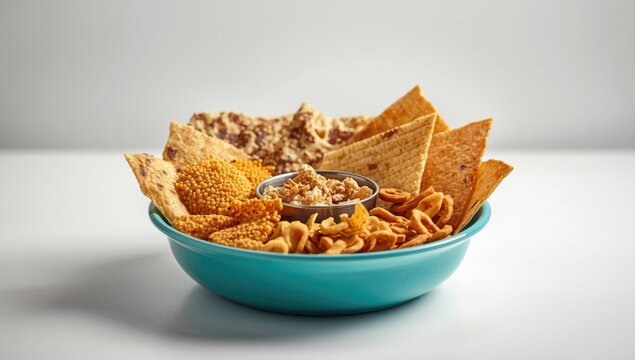 Selection of farsan snack items arranged in a vivid bowl with white backdrop
