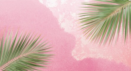 Obraz premium Summer tropical background with light green palm leaves and pink abstract design