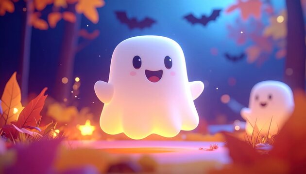 Smiling ghost in autumn forest scene.