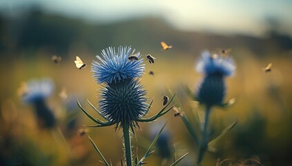 Fototapeta premium Rugged wild thistle Echinops ritro with spiky blue flower heads attracting insects