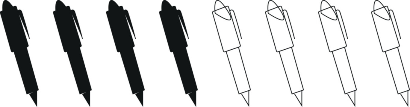 A collection of black silhouette and white line art pen icons perfect for representing writing signing or editing in professional documents and UI designs.