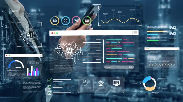 Business professional interacting with futuristic AI technology and data analytics on a smartphone, showcasing modern digital innovation and urban skyline backdrop. Gluon.