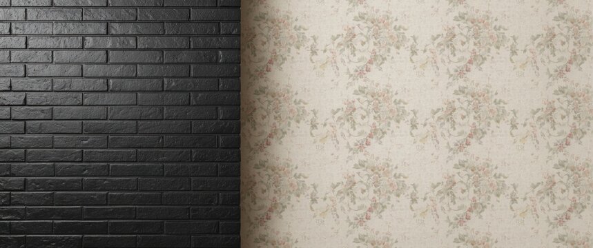 Smooth black brick wall texture paired with vintage wallpaper background and high key lighting