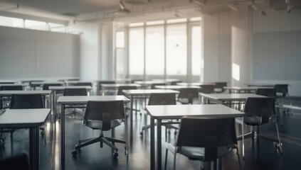 Fototapeta premium Well-lit and empty classroom space with rows of tables and seating in modern style