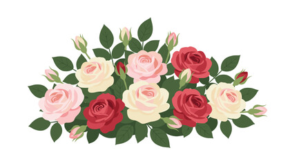 Fototapeta premium Beautiful bouquet of diverse roses in white, light pink, and deep red colors with green leaves and small flower buds.