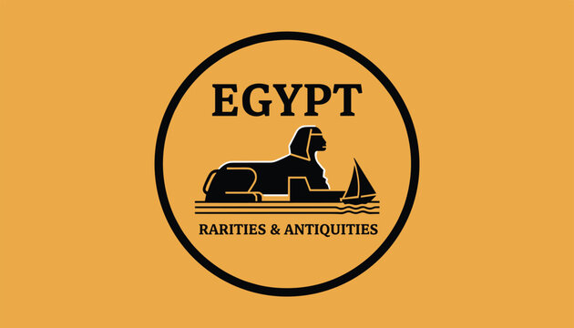 Circular logo for Egypt Rarities and Antiquities featuring a sphinx silhouette and a small sailboat on the water.