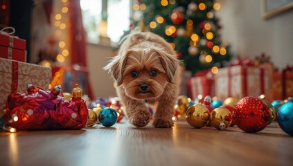 Obraz premium Lively little dog exploring Christmas decorations inside