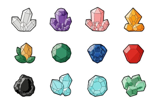 Collection of colorful cartoon gemstones and magic crystal icons