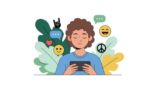Young boy with curly hair using smartphone for social media communication while surrounded by colorful emojis and icons.