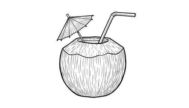 Hand drawn sketch of a tropical coconut drink with a bendy straw and a small paper umbrella on white background.