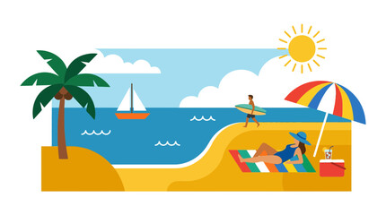 Obraz premium Summer Beach Vacation Scene with People, Palm Tree, and Ocean