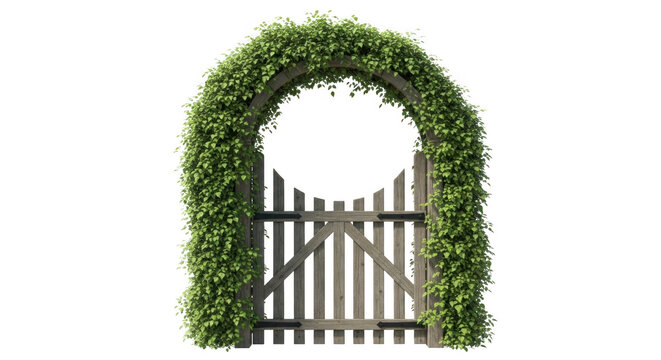 Green ivy-covered wooden gate with archway