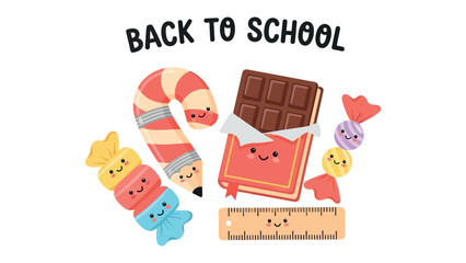 Fototapeta premium Back To School Treats: A whimsical collection of school supplies and candy elements, featuring a smiling pencil, chocolate bar, candies, and ruler, all illustrated in a cute, Kawaii style.