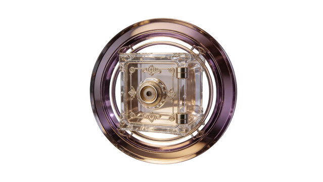 Ornate crystal safe box enclosed in a decorative purple glass ring