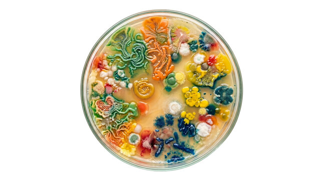 Microbial agar art in petri dish, colorful bacteria colonies and fungi growth, scientific laboratory microbiology research, vibrant biological culture isolated on White Background
