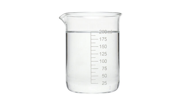 Laboratory glass beaker filled with clear liquid, 200ml graduated measuring beaker for science, transparent chemical glassware for research isolated on White Background