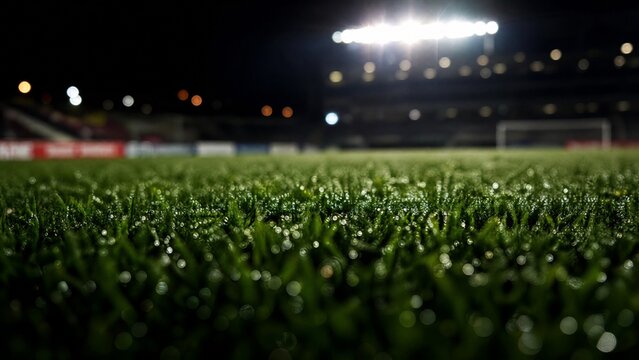 Nighttime football field with dew reflecting stadium lights.