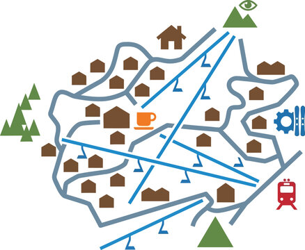 Mountain village map illustrates a network of roads, scattered housing, ski lifts, and rail connections for tourism and travel planning purposes.
