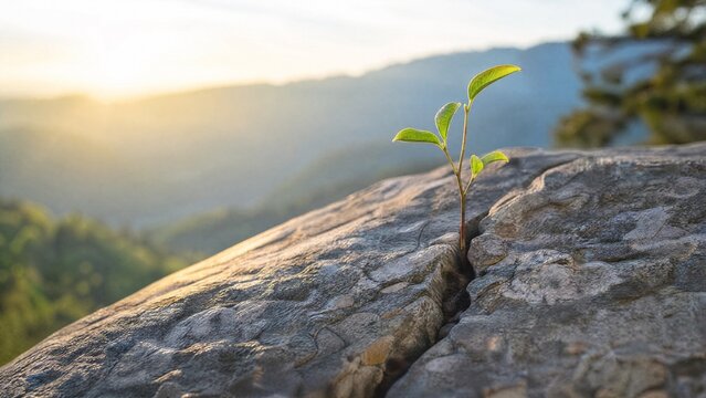 Young sapling growing from a crack in a large rock, soft morning light.