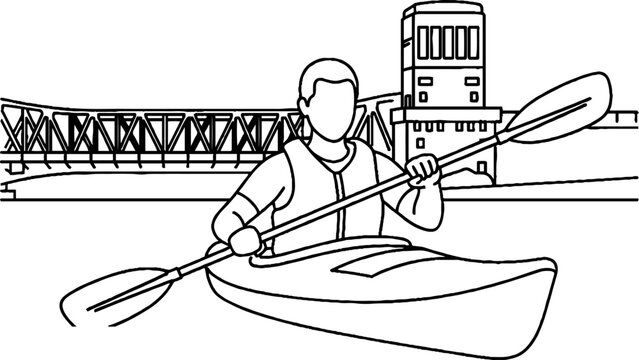 Person kayaking on calm water near urban bridge.