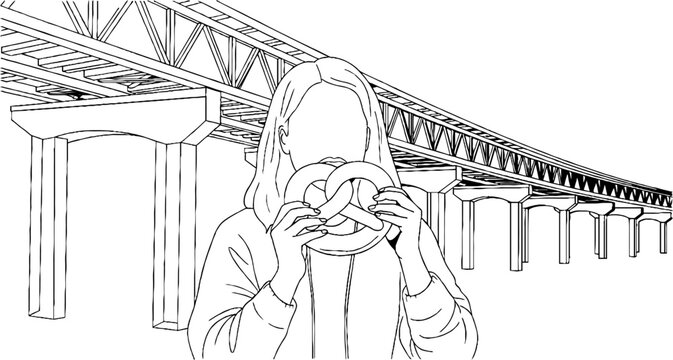 Person enjoying a bagel under elevated structure.