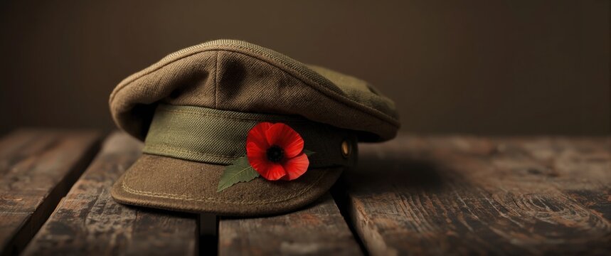 Red remembrance poppy pinned on Australian army slouch hat over rustic recycled wood for Anzac Day