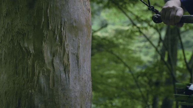 熊よけの鳴り物として木を木槌で叩き音を鳴らす様子

