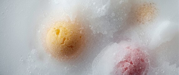 Fototapeta premium Vivid bath bombs dissolving with bubbles in a cheerful bubble bath