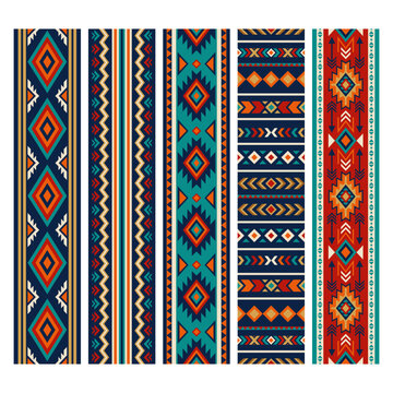 Southwestern tribal geometric set of seamless vertical border patterns with woven diamond textile motifs. Traditional ethnic folk art for fabric, rug or blanket with ornamental and decorative design